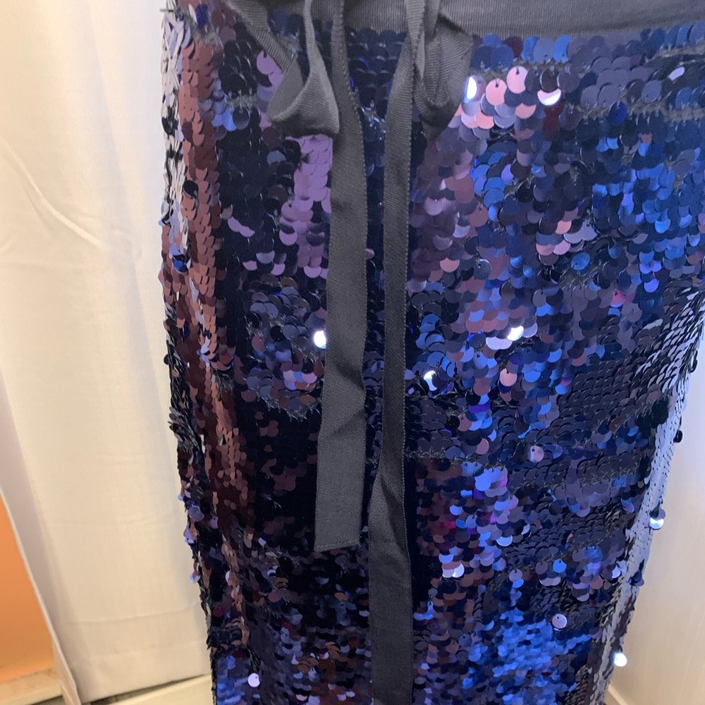 Women’s Metallic Blue Sequin Skirt w/Black Ribbon belt. Size:10